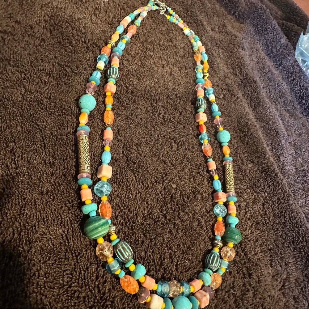 Two Strand Glass Stone Statement Necklace 12” Silver Clasp